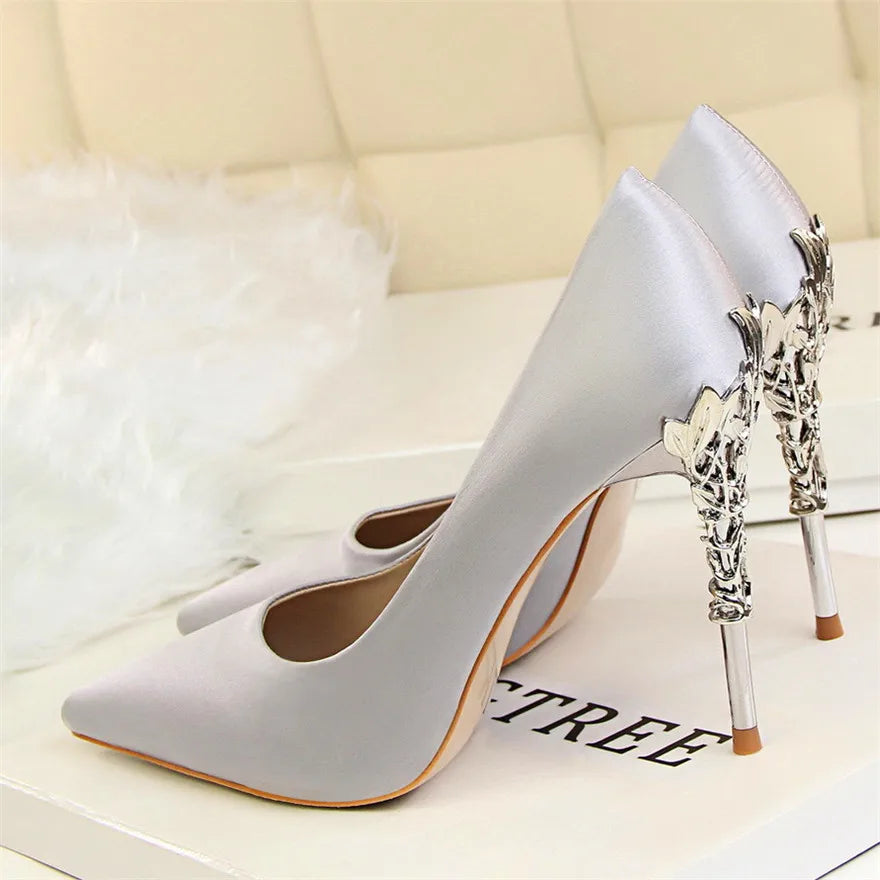 Sculpted Metal Heel Pointed-Toe Pumps