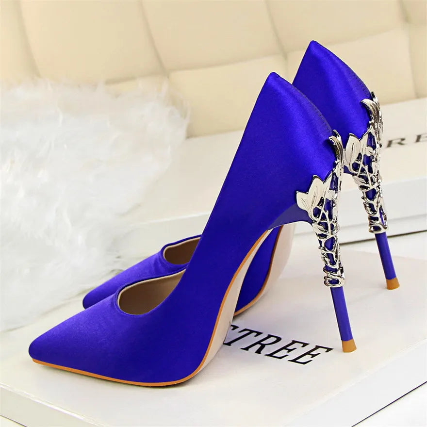 Sculpted Metal Heel Pointed-Toe Pumps