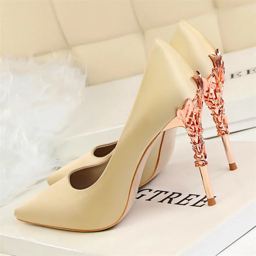 Sculpted Metal Heel Pointed-Toe Pumps
