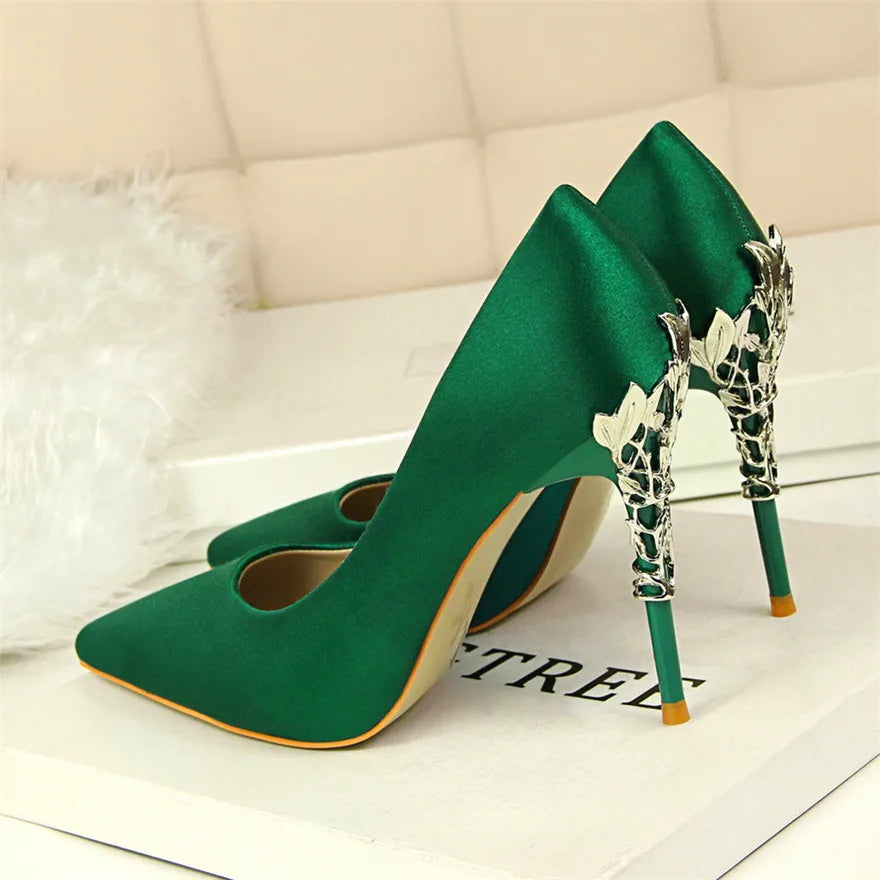 Sculpted Metal Heel Pointed-Toe Pumps