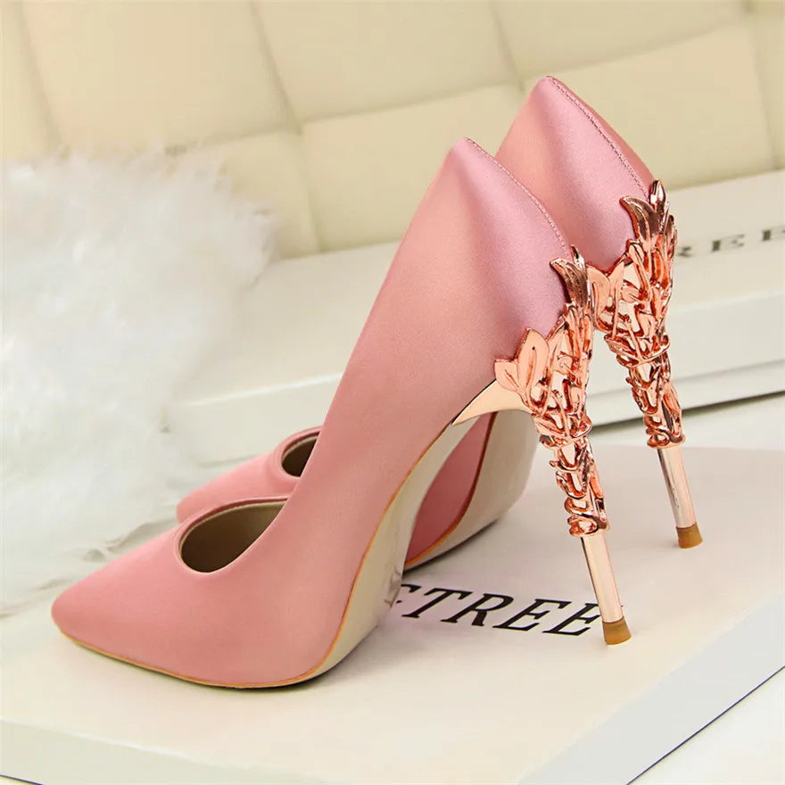 Sculpted Metal Heel Pointed-Toe Pumps