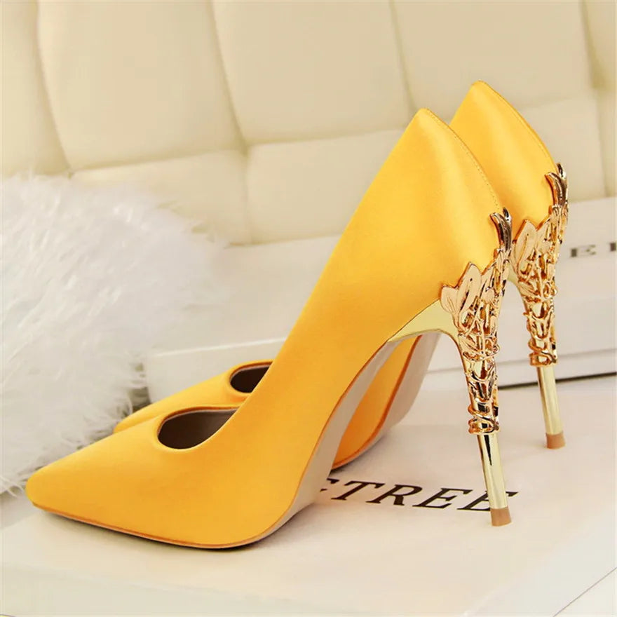 Sculpted Metal Heel Pointed-Toe Pumps