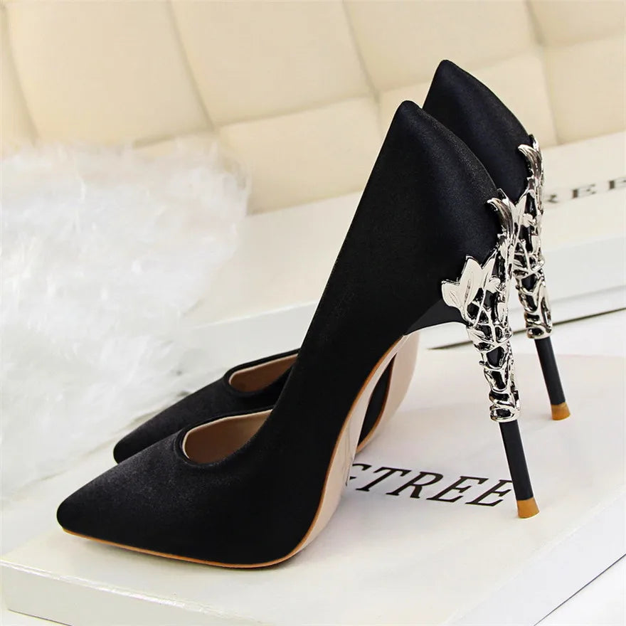 Sculpted Metal Heel Pointed-Toe Pumps