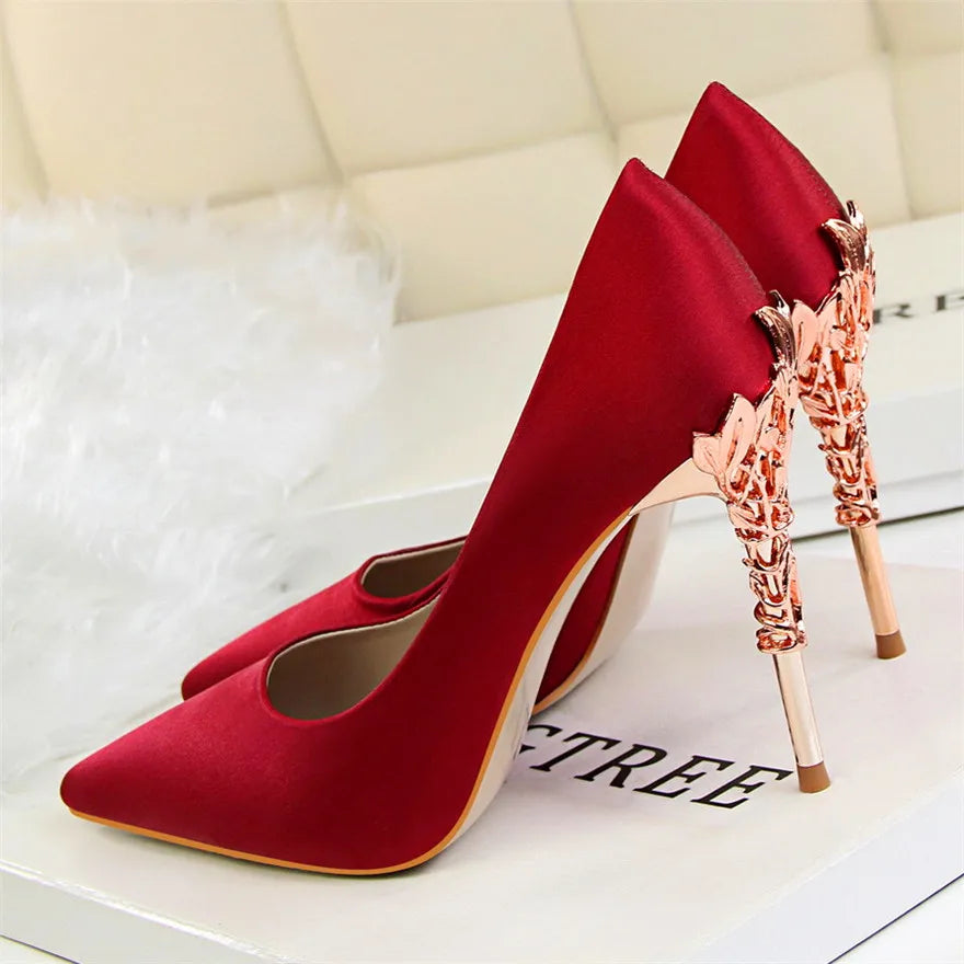 Sculpted Metal Heel Pointed-Toe Pumps