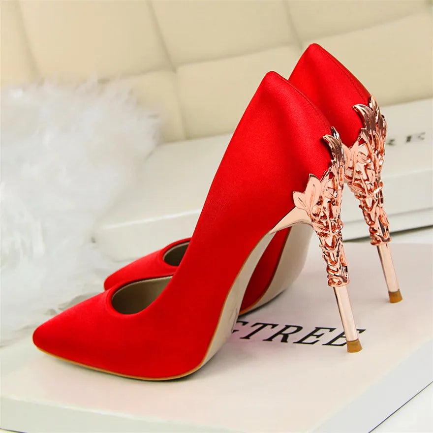 Sculpted Metal Heel Pointed-Toe Pumps