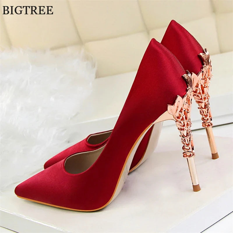 Sculpted Metal Heel Pointed-Toe Pumps