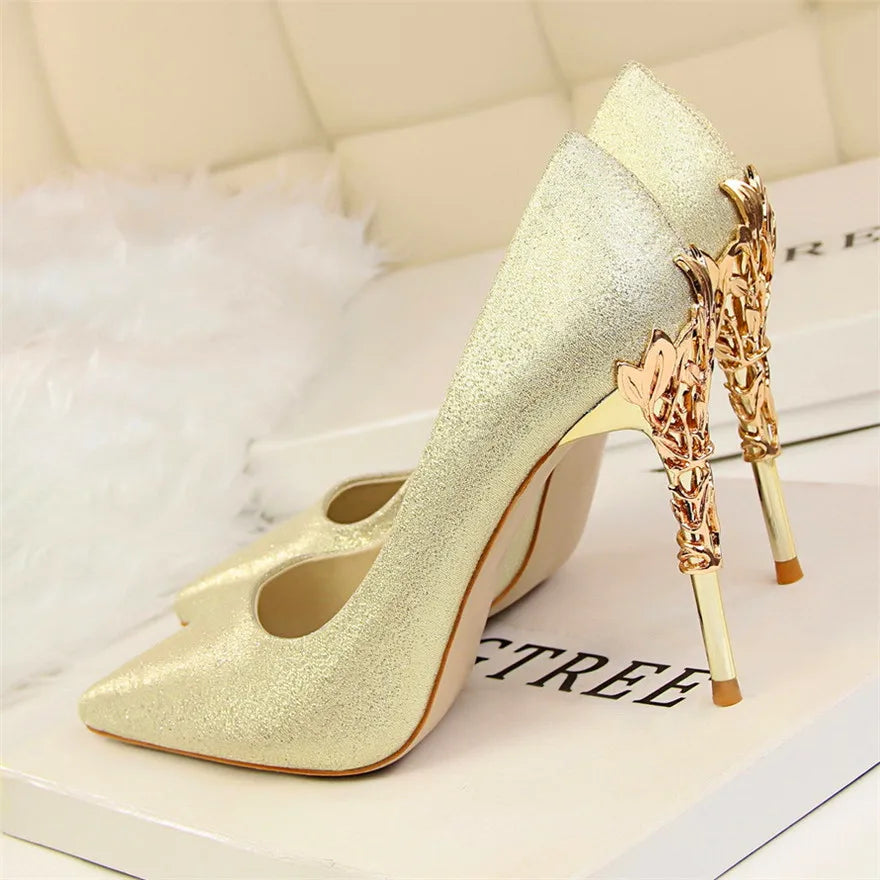 Sculpted Metal Heel Pointed-Toe Pumps