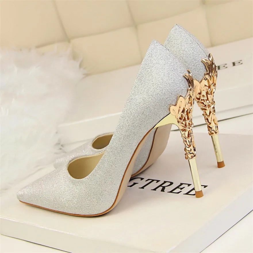 Sculpted Metal Heel Pointed-Toe Pumps