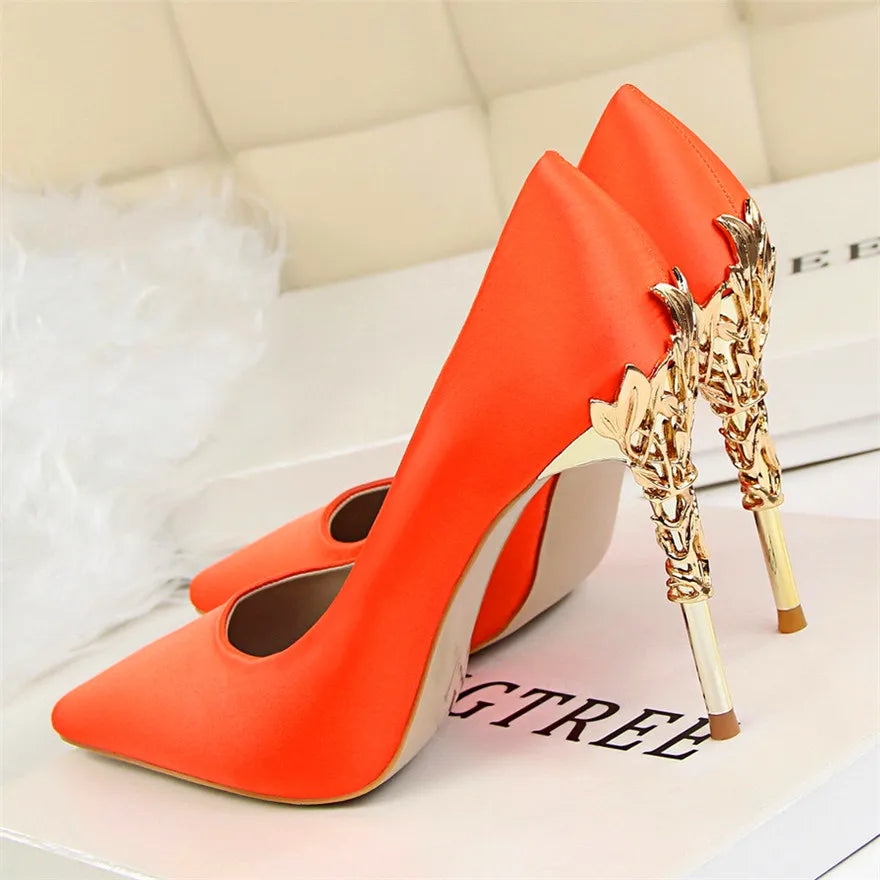 Sculpted Metal Heel Pointed-Toe Pumps