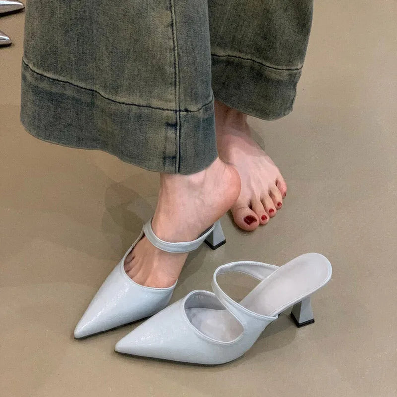 Pointed-Toe Diagonal-Strap Mules