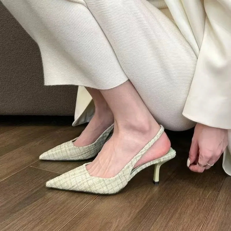 Textured Pointed-Toe Slingback Heels