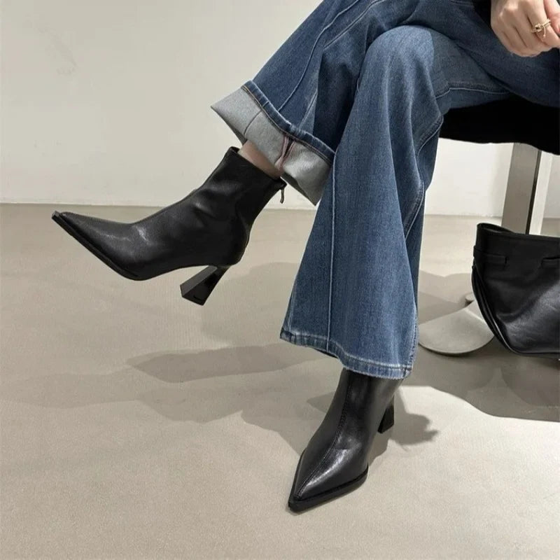 Pointed-Toe Square-Heel Ankle Boots