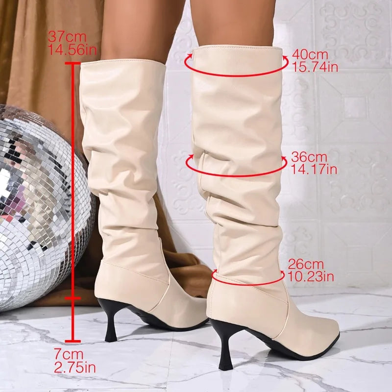 Ruched Pointed-Toe Knee-High Boots