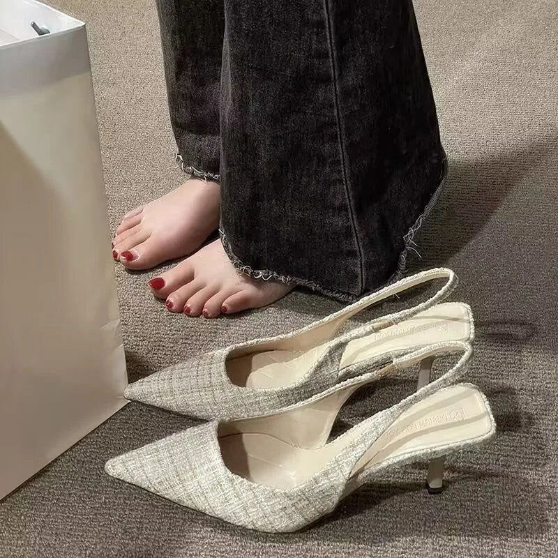 Textured Pointed-Toe Slingback Heels