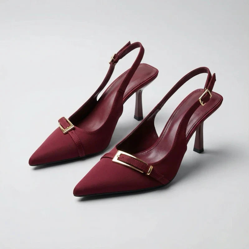 Pointed-Toe Buckle Slingback Heels