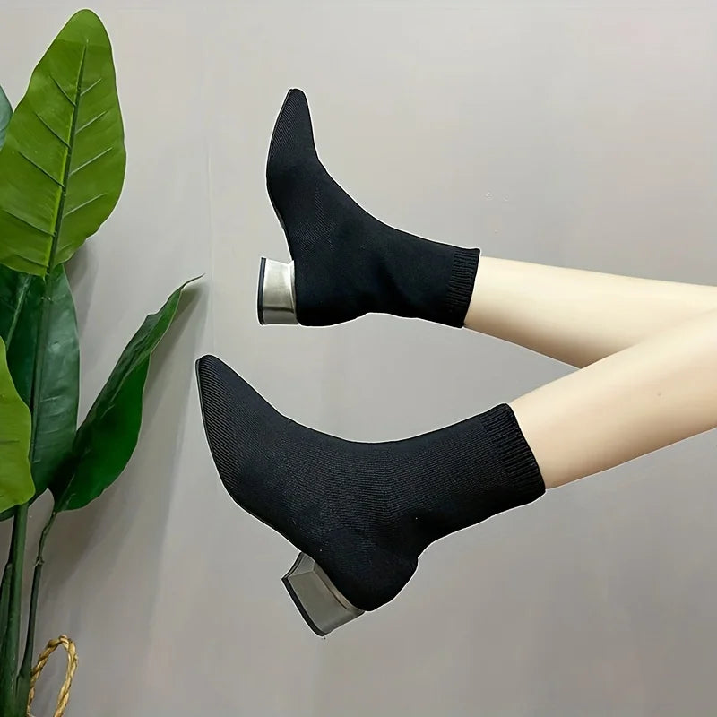 Pointed Toe Knit Sock Ankle Boots