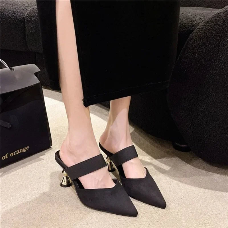Metallic Gold Heel Pointed-Toe Mules