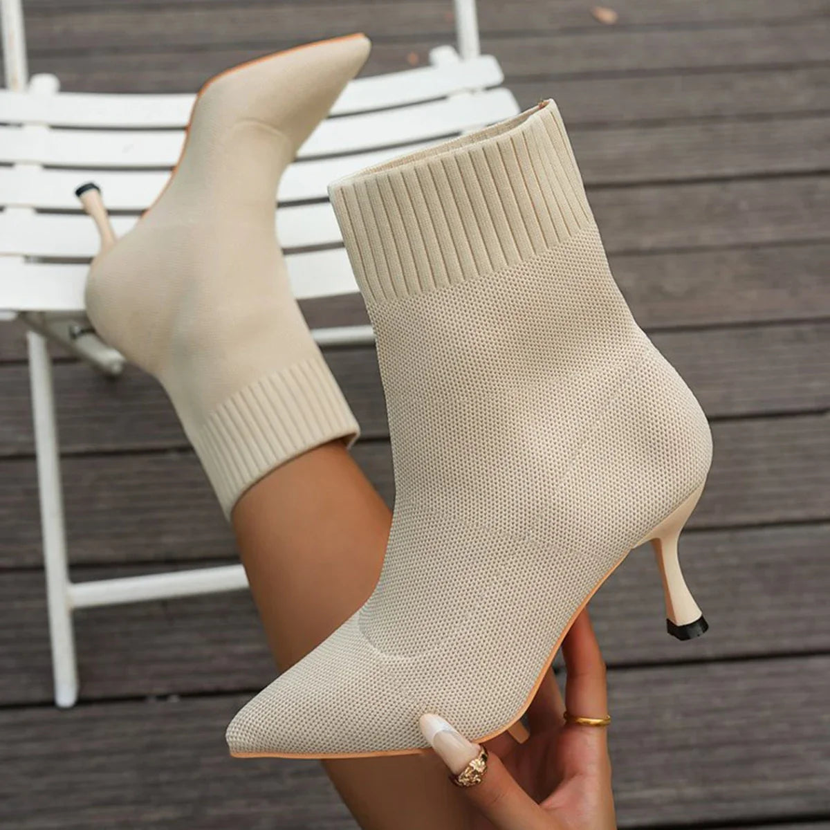 Pointed-Toe Stretch Sock Boots