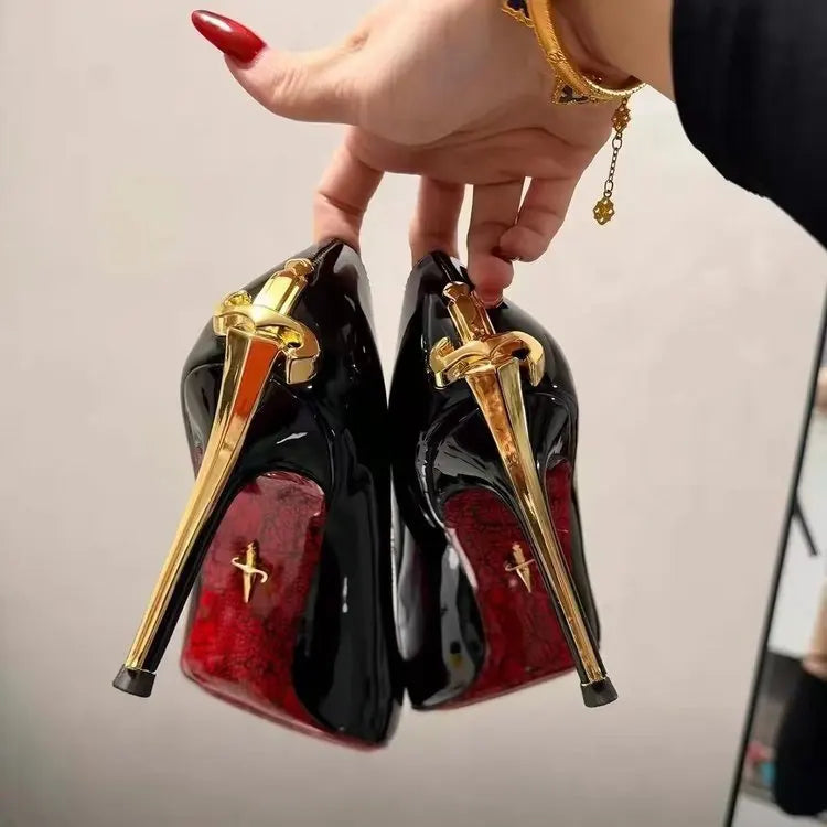 Gold Sword-Embellished Stiletto Pumps