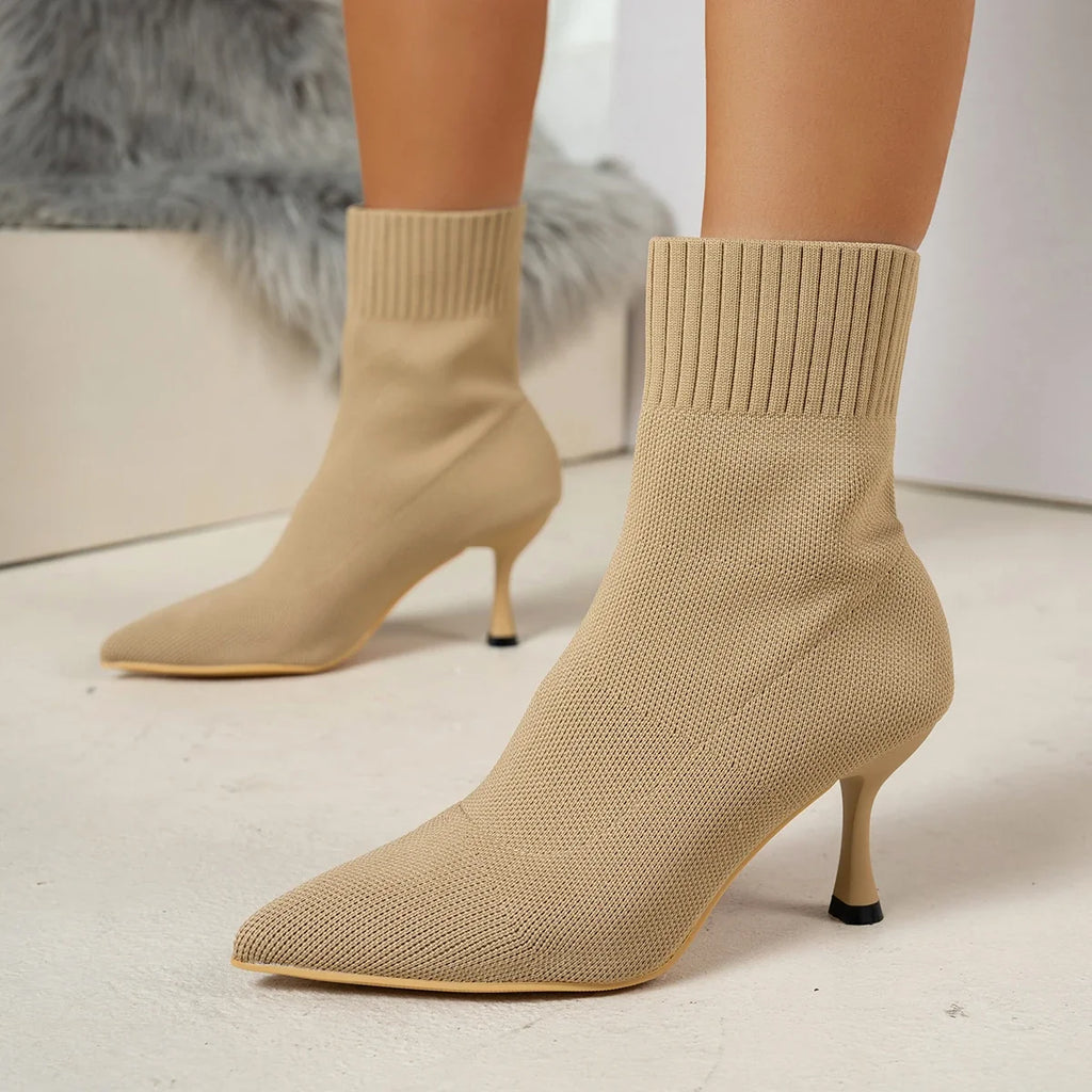 Pointed-Toe Stretch Knit Ankle Boots