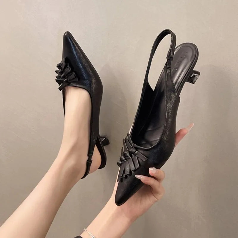 Pointed-Toe Bow Slingback Heels