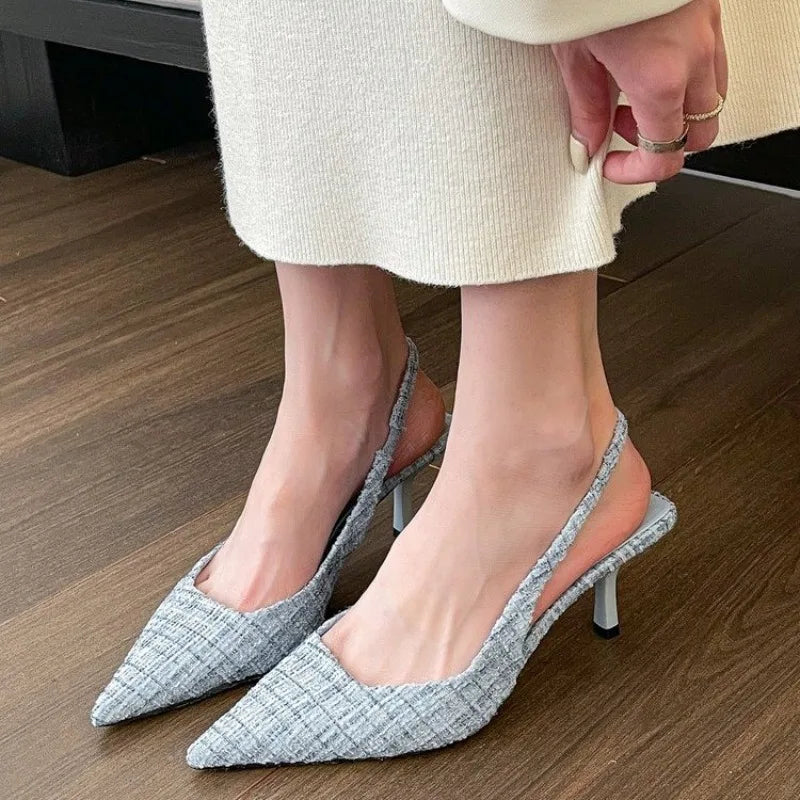 Textured Pointed-Toe Slingback Heels