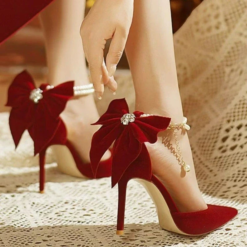 Pearl Bow Pointed-Toe Stiletto Pumps