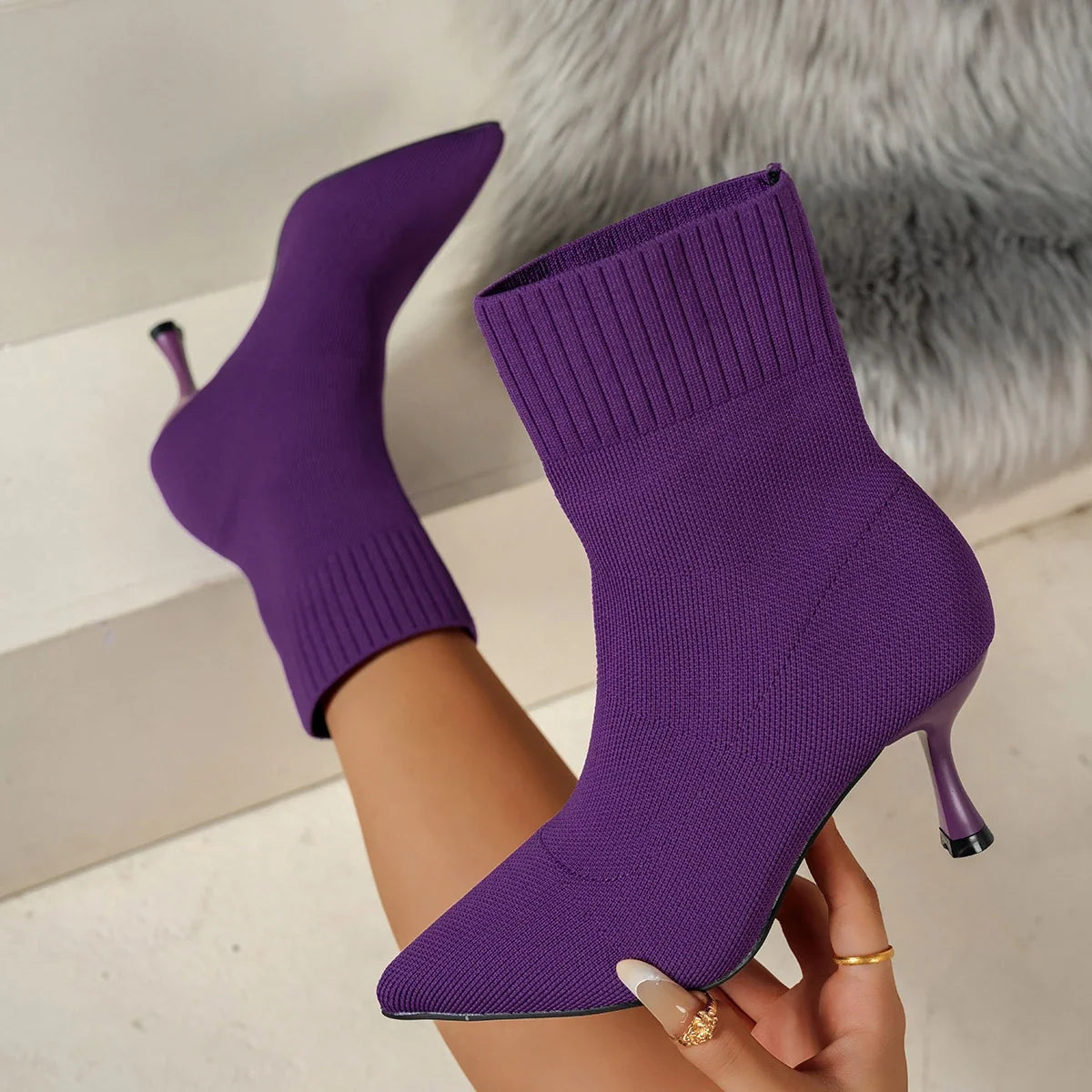 Pointed-Toe Stretch Knit Ankle Boots