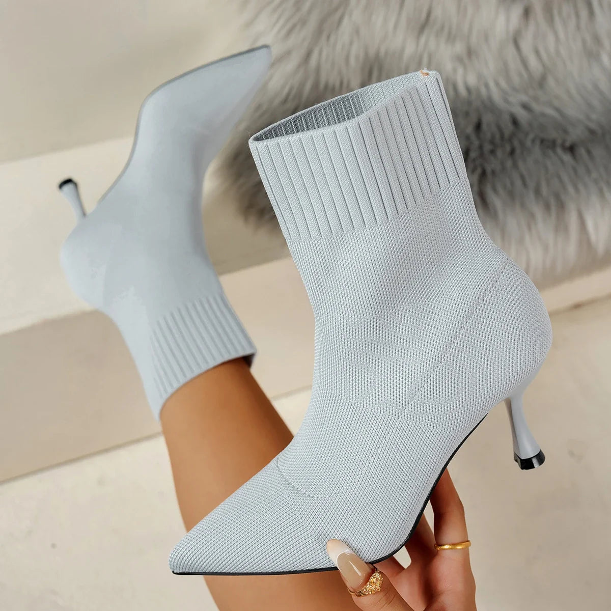 Pointed-Toe Stretch Knit Ankle Boots
