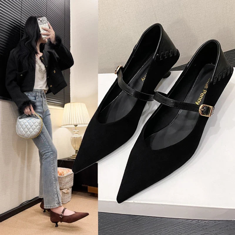 Pointed-Toe Mary Jane Kitten Heel Pumps