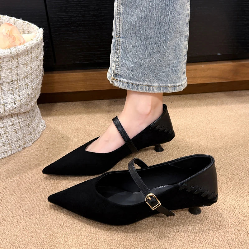 Pointed-Toe Mary Jane Kitten Heel Pumps