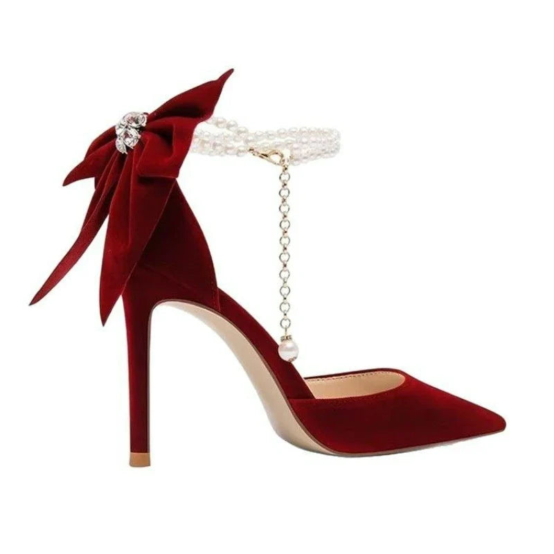 Pearl Bow Pointed-Toe Stiletto Pumps