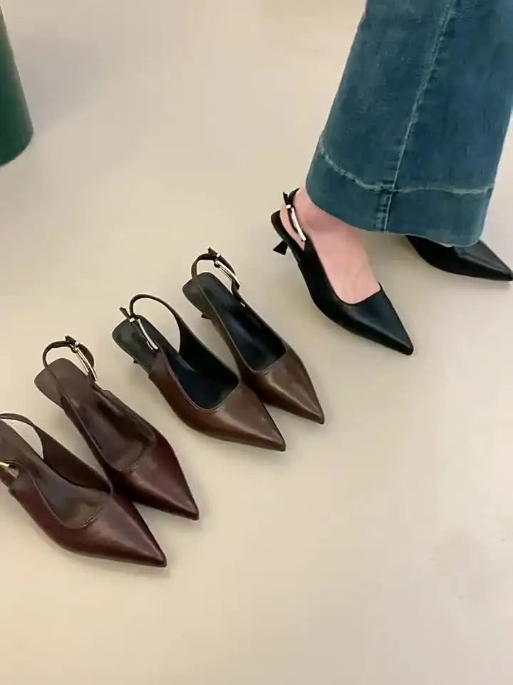 Glossy Pointed-Toe Slingback Heels