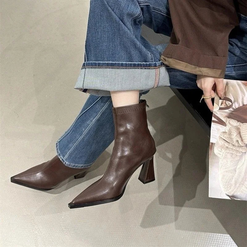 Pointed-Toe Square-Heel Ankle Boots