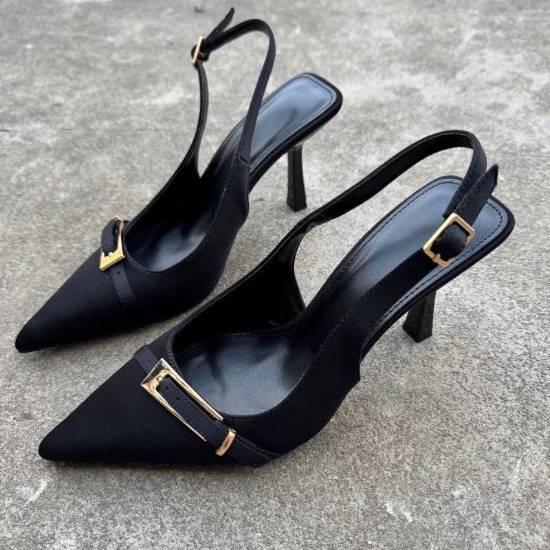 Pointed-Toe Buckle Slingback Heels