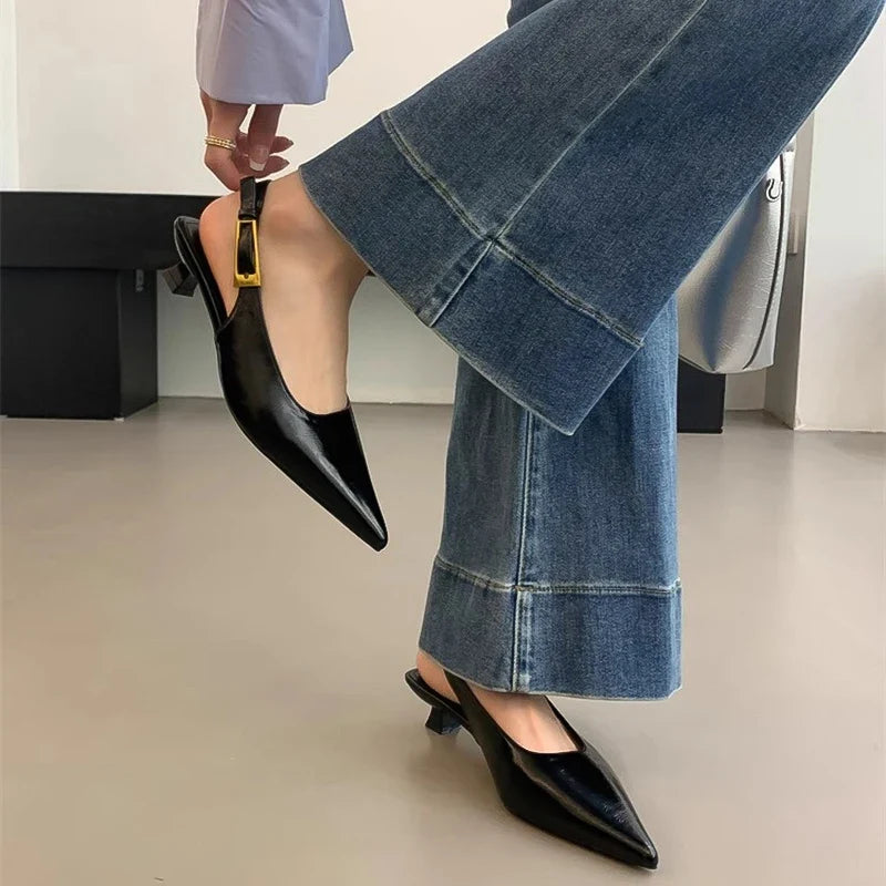 Glossy Pointed-Toe Slingback Heels