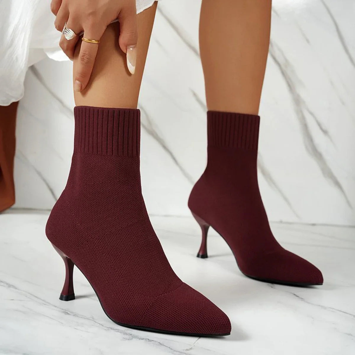 Pointed-Toe Stretch Sock Boots