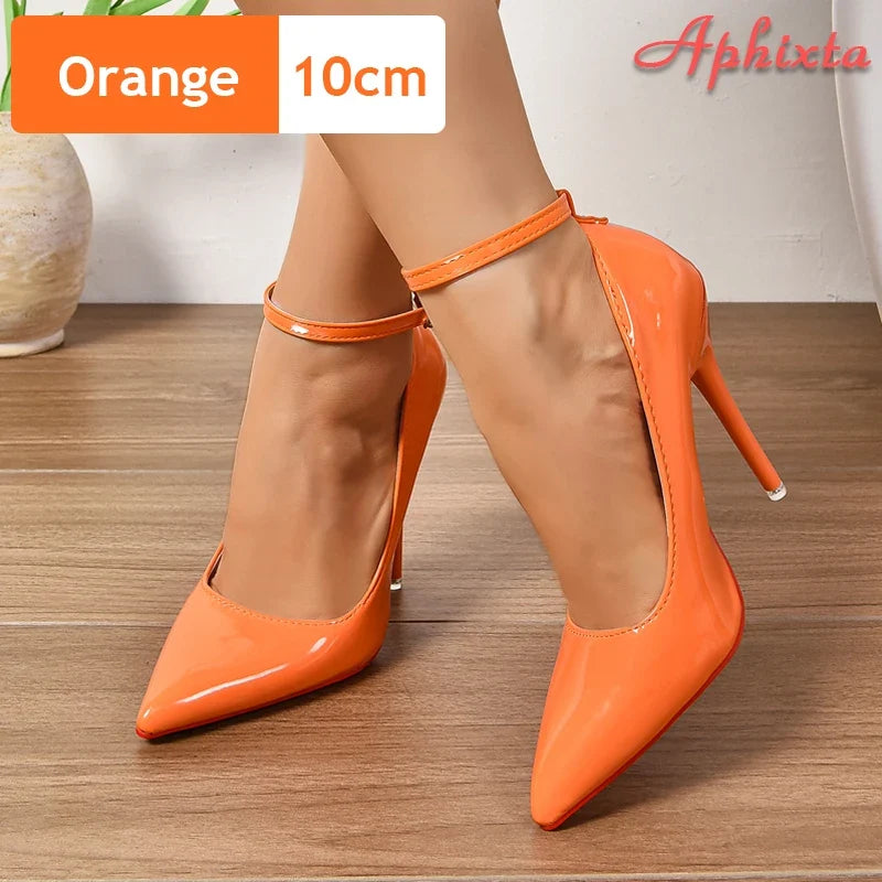 Patent Pointed-Toe Ankle Strap Stiletto Pumps