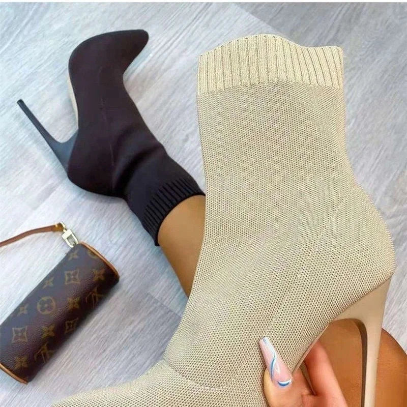 Pointed Toe Knit Sock Boots