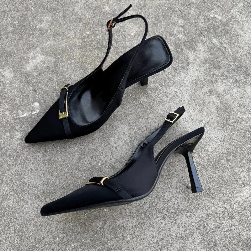 Pointed-Toe Buckle Slingback Heels