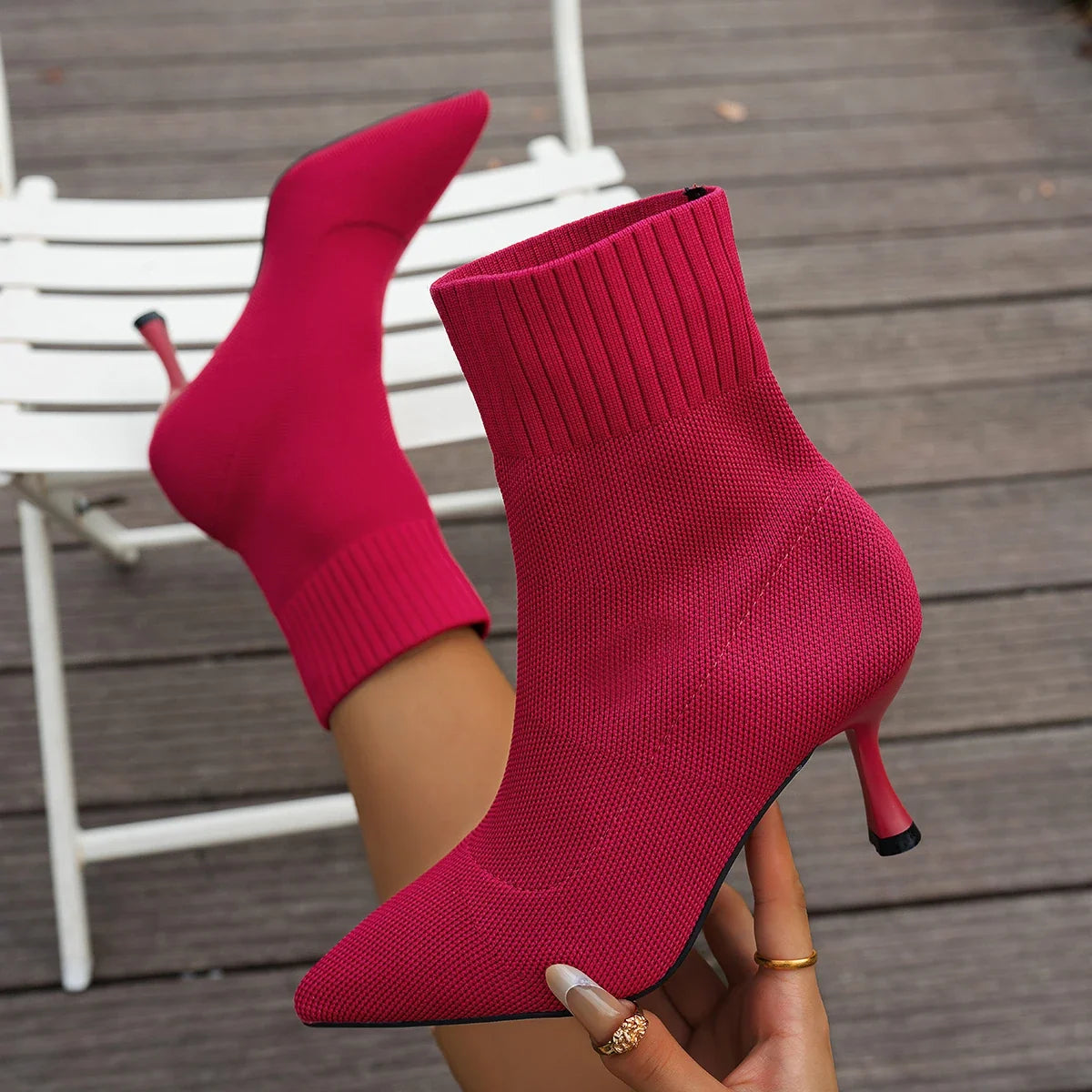 Pointed-Toe Stretch Knit Ankle Boots