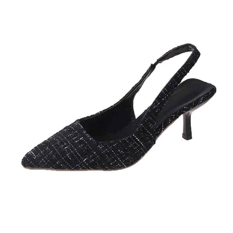 Textured Pointed-Toe Slingback Heels