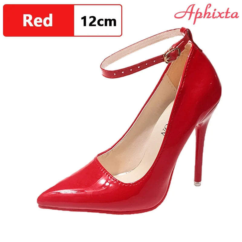Patent Pointed-Toe Ankle Strap Stiletto Pumps