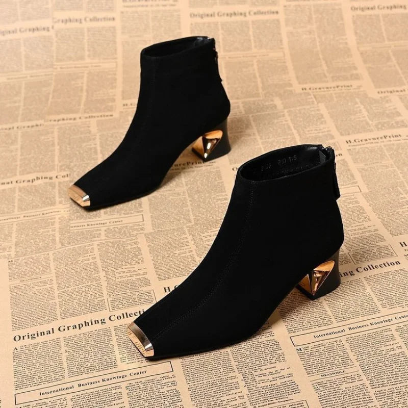 Square Toe Metal Trim Ankle Boots