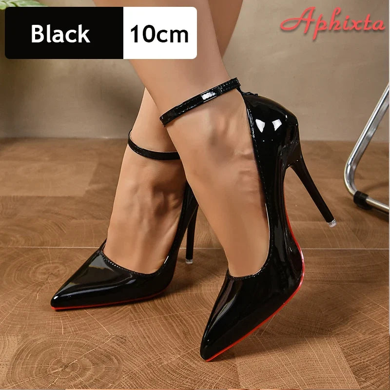 Patent Pointed-Toe Ankle Strap Stiletto Pumps