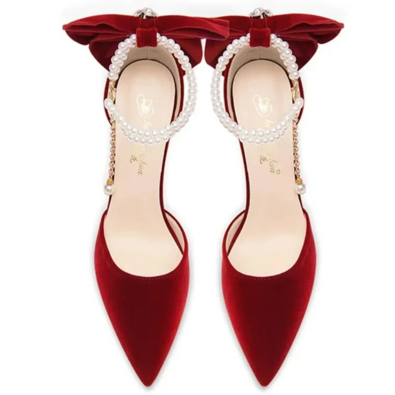 Pearl Bow Pointed-Toe Stiletto Pumps
