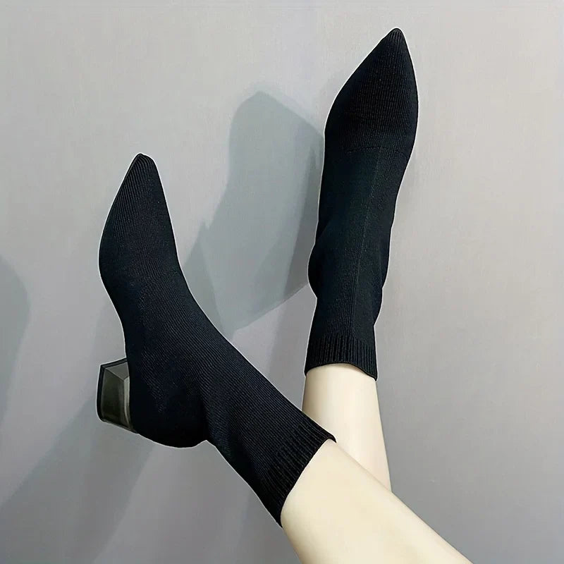 Pointed Toe Knit Sock Ankle Boots