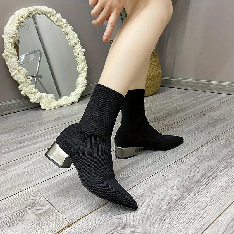 Pointed Toe Knit Sock Ankle Boots