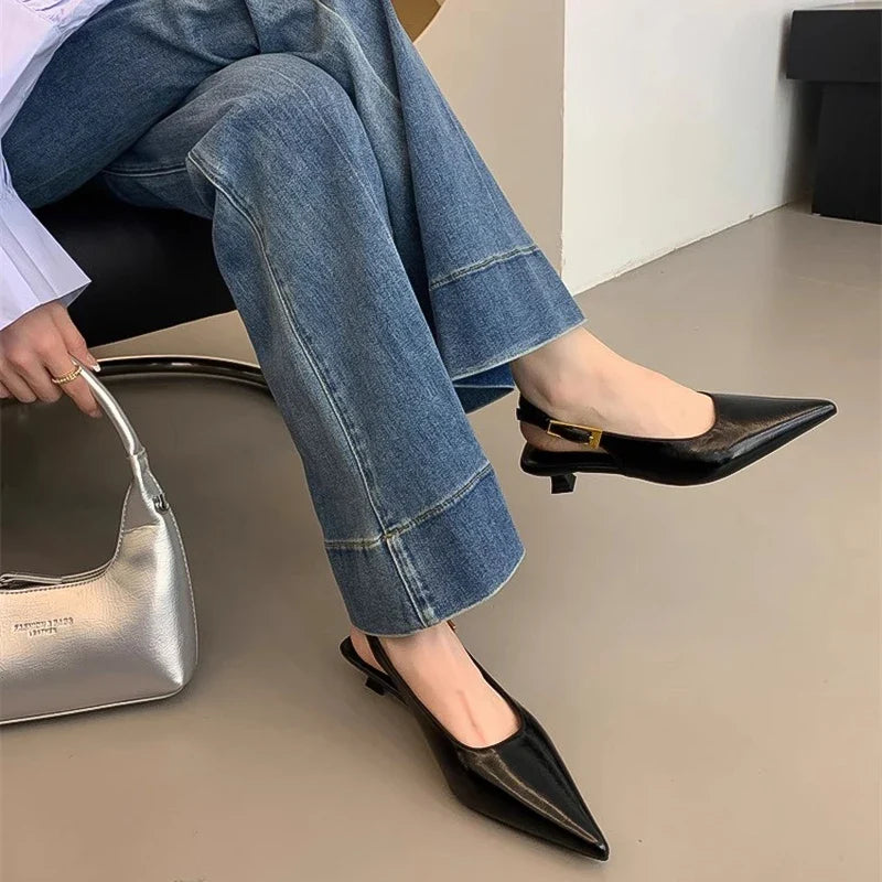 Glossy Pointed-Toe Slingback Heels