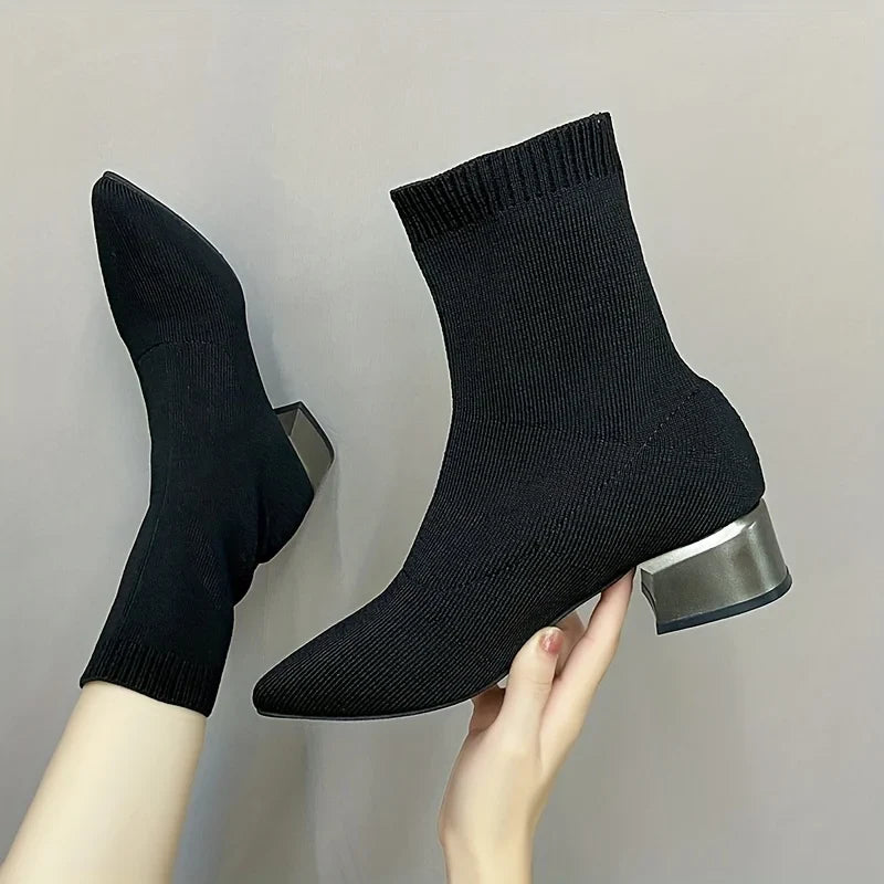 Pointed Toe Knit Sock Ankle Boots